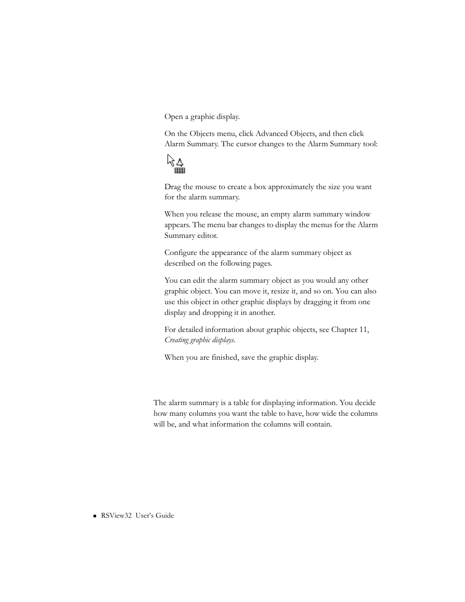 To create the alarm summary object, The parts of an alarm summary, The parts of an alarm summary -56 | Rockwell Automation 9301 Series RSView32 Users Guide User Manual | Page 182 / 769