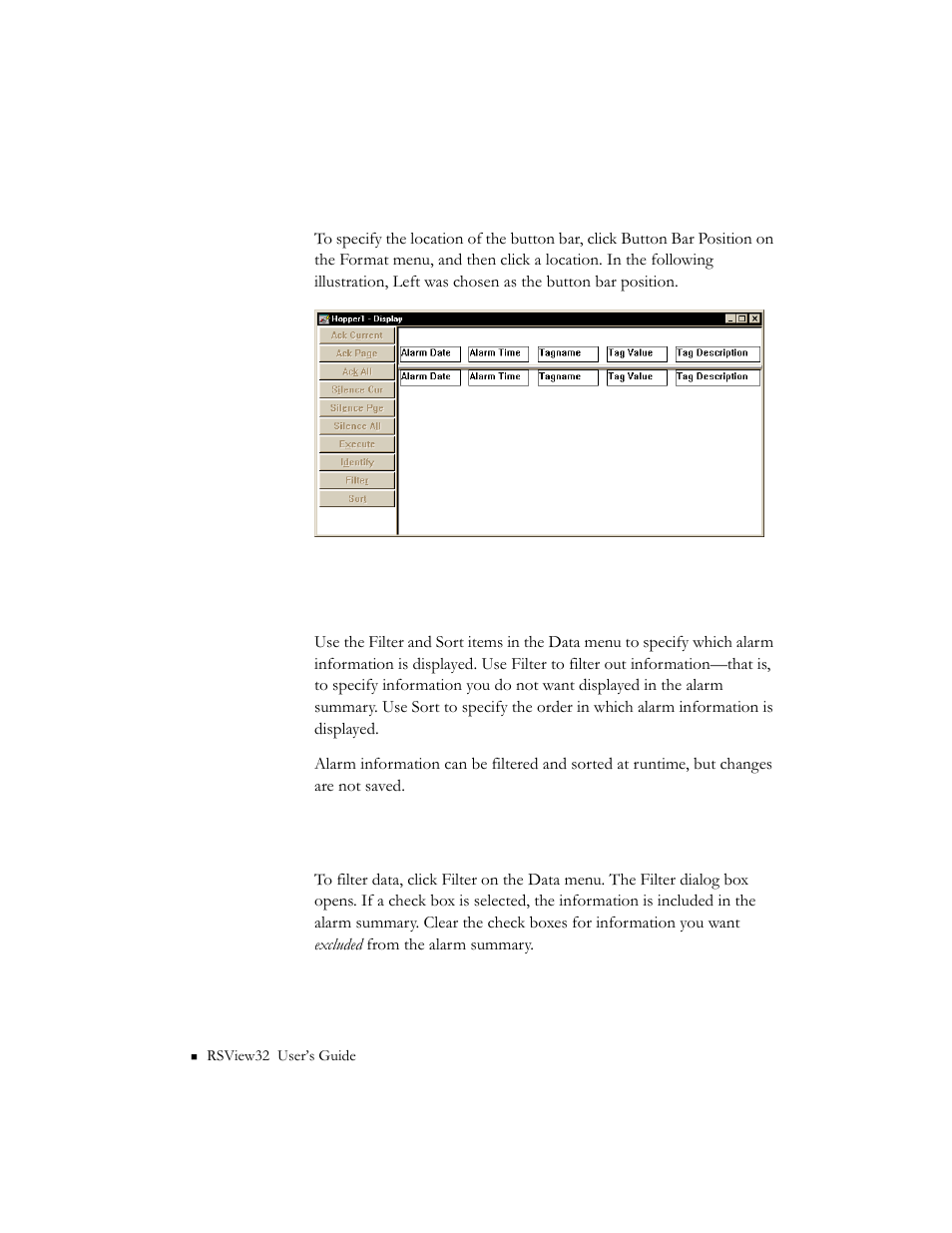 Positioning the button bar, Choosing data, Filtering data | Choosing data -64 filtering data -64 | Rockwell Automation 9301 Series RSView32 Users Guide User Manual | Page 190 / 769