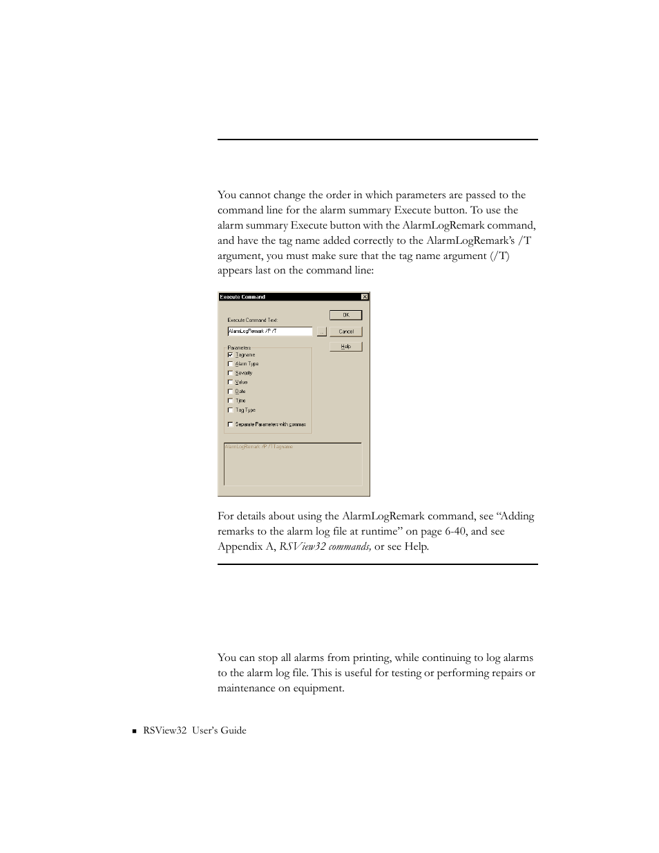 Suppressing alarm printing | Rockwell Automation 9301 Series RSView32 Users Guide User Manual | Page 196 / 769