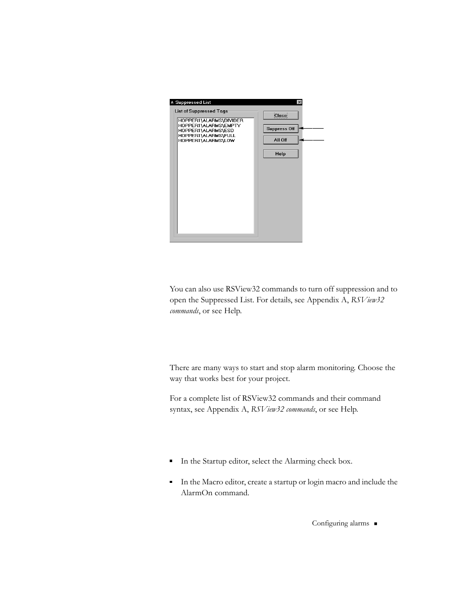 More rsview32 commands, Starting and stopping alarm monitoring, Ways to start alarm monitoring | More rsview32 commands -73, Ways to start alarm monitoring -73 | Rockwell Automation 9301 Series RSView32 Users Guide User Manual | Page 199 / 769