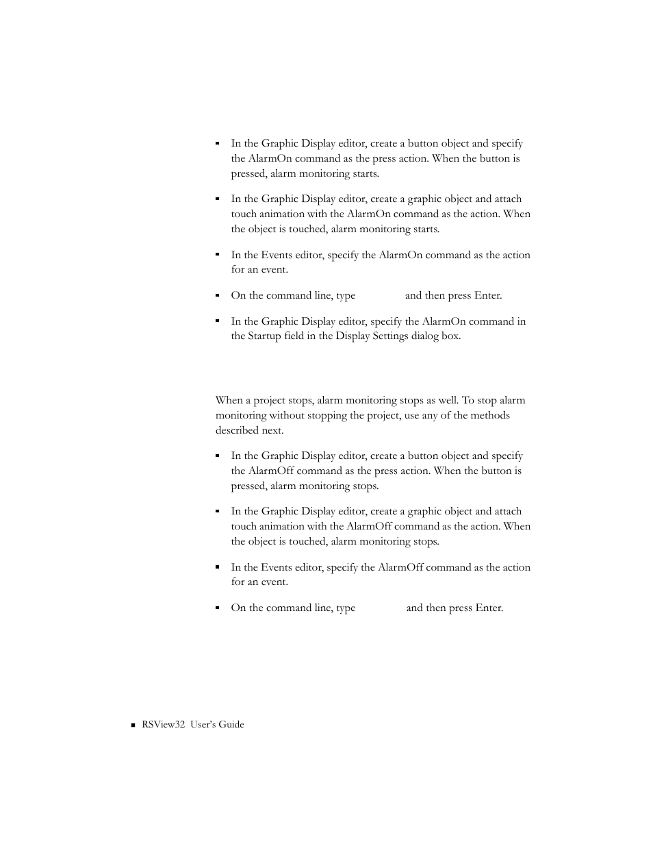 Ways to stop alarm monitoring, Ways to stop alarm monitoring -74 | Rockwell Automation 9301 Series RSView32 Users Guide User Manual | Page 200 / 769