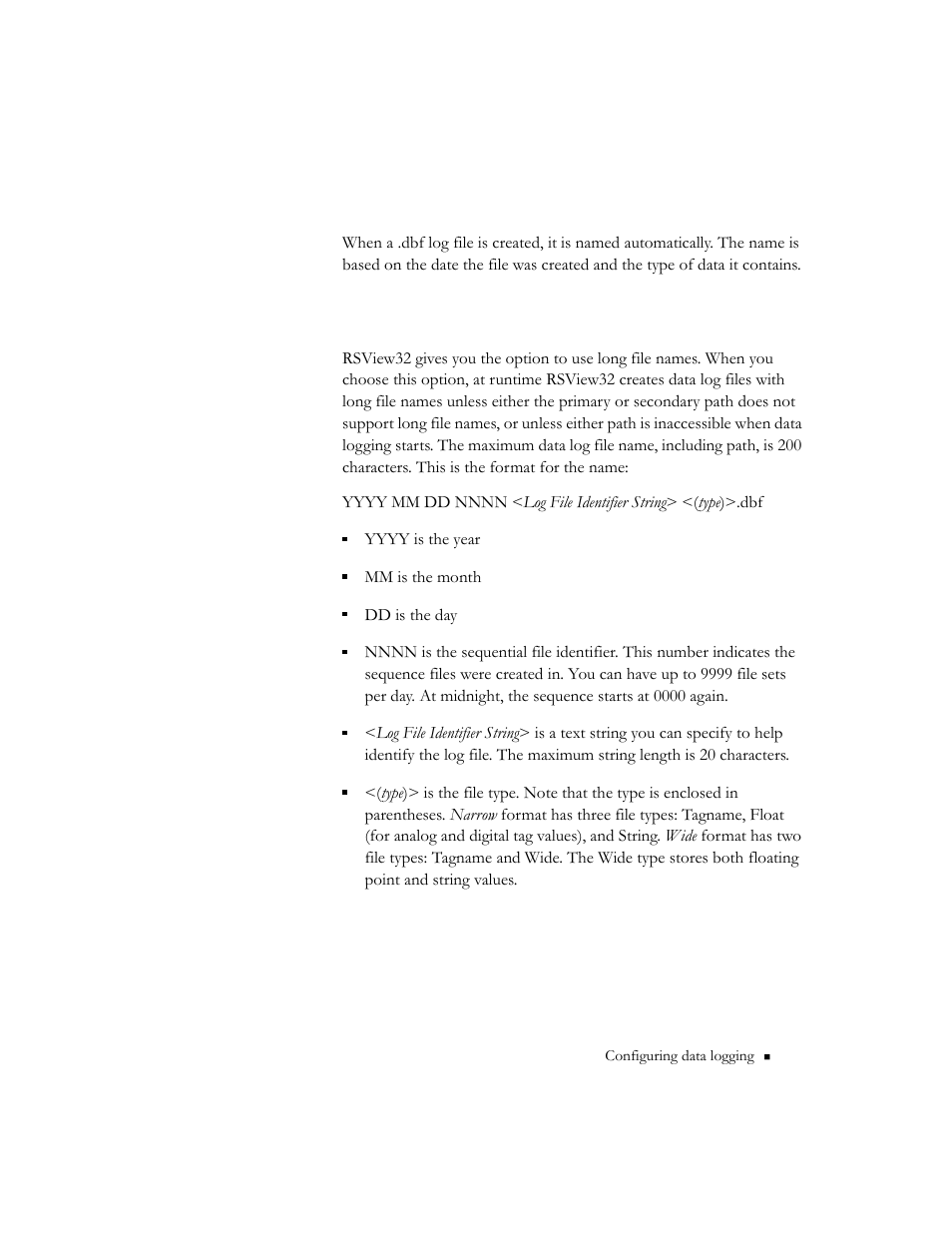 How .dbf log files are named, Long file names, How .dbf log files are named -5 long file names -5 | Rockwell Automation 9301 Series RSView32 Users Guide User Manual | Page 205 / 769