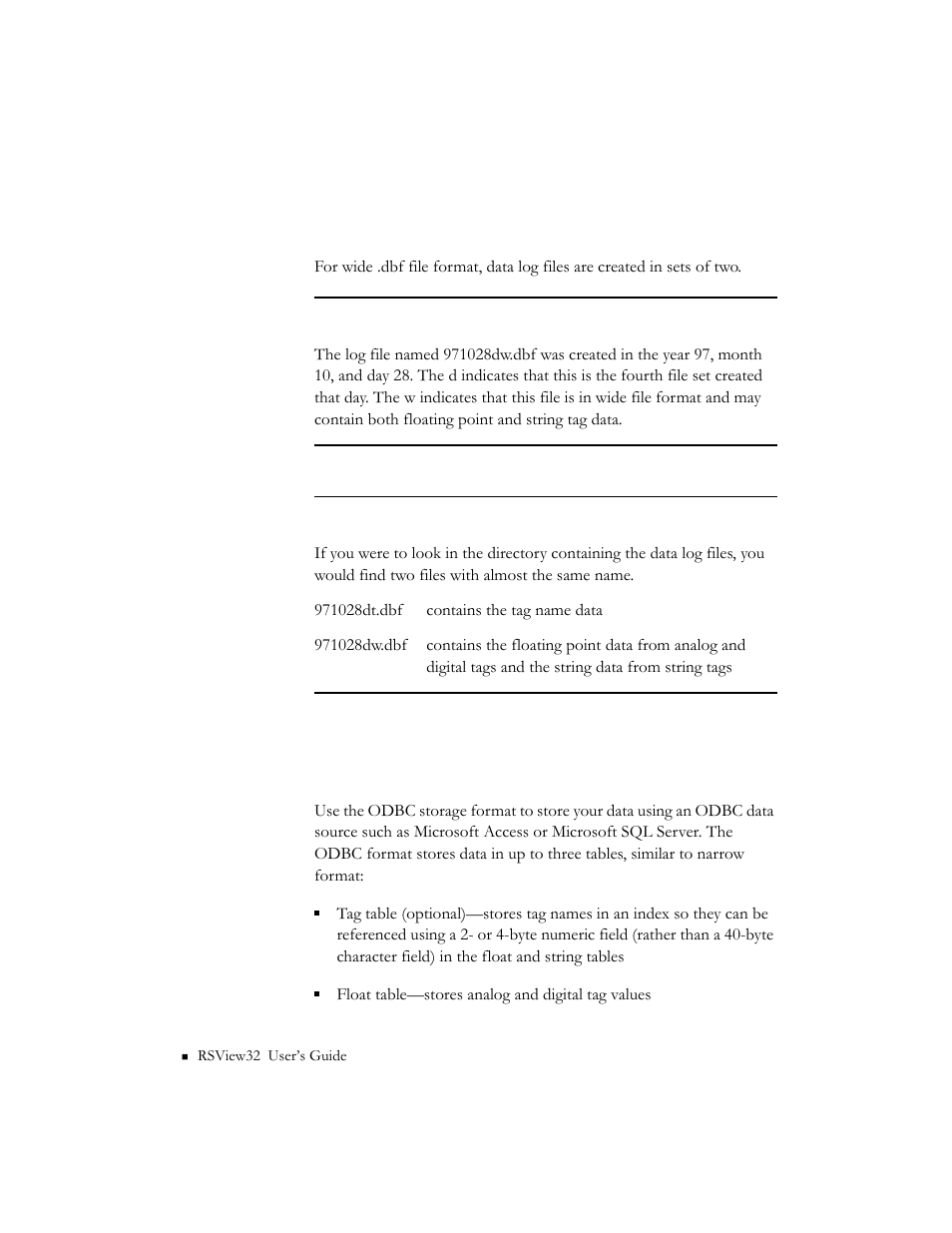 Example of short file names for wide .dbf format, The odbc storage format | Rockwell Automation 9301 Series RSView32 Users Guide User Manual | Page 208 / 769