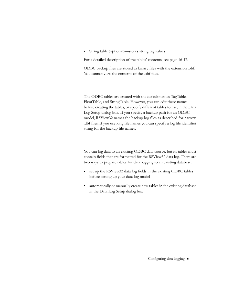 How odbc tables are named, Using an existing odbc data source | Rockwell Automation 9301 Series RSView32 Users Guide User Manual | Page 209 / 769