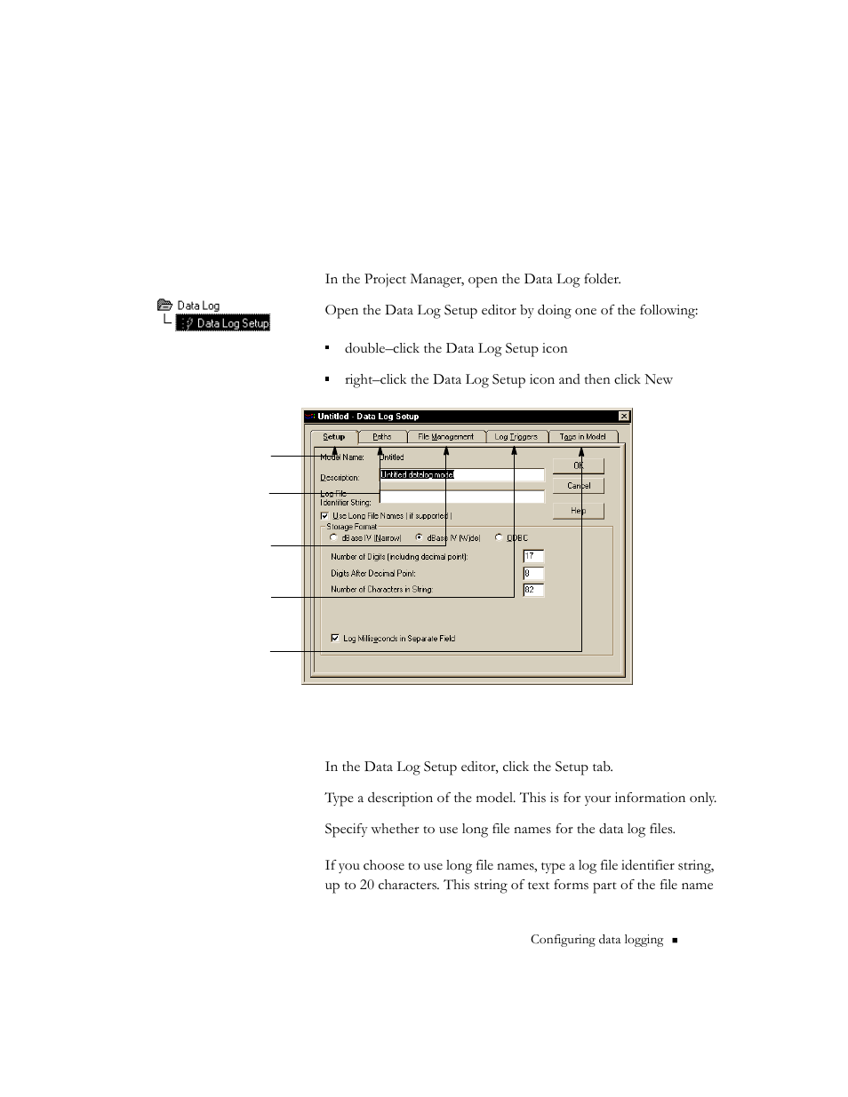 The data log setup editor, Setting up a model | Rockwell Automation 9301 Series RSView32 Users Guide User Manual | Page 211 / 769