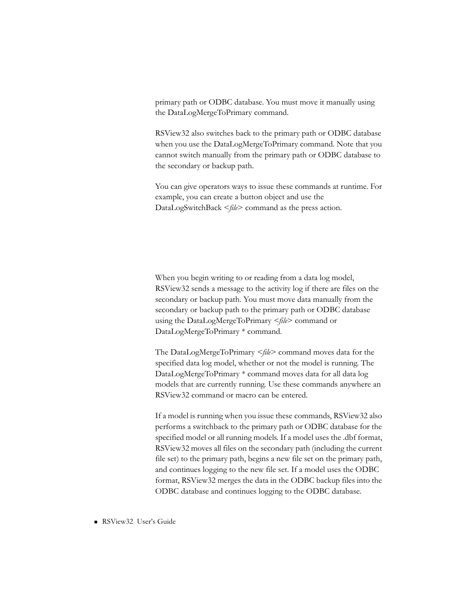 Using the datalogmergetoprimary command to move, Secondary files to the primary path | Rockwell Automation 9301 Series RSView32 Users Guide User Manual | Page 226 / 769