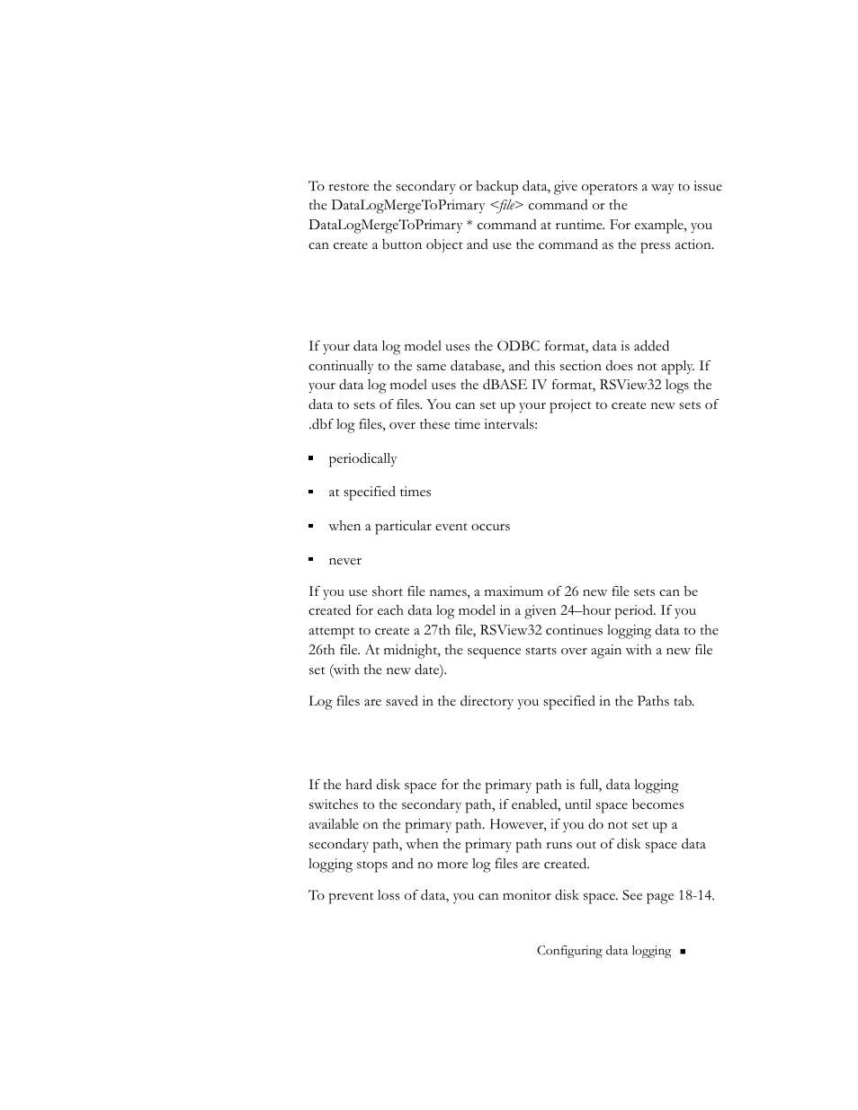 Creating .dbf log files, Monitoring disk space, Monitoring disk space -27 | Rockwell Automation 9301 Series RSView32 Users Guide User Manual | Page 227 / 769