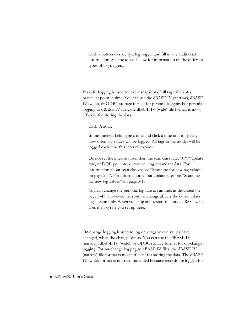 Logging periodically, Logging on change, Logging periodically -36 logging on change -36 | Rockwell Automation 9301 Series RSView32 Users Guide User Manual | Page 236 / 769