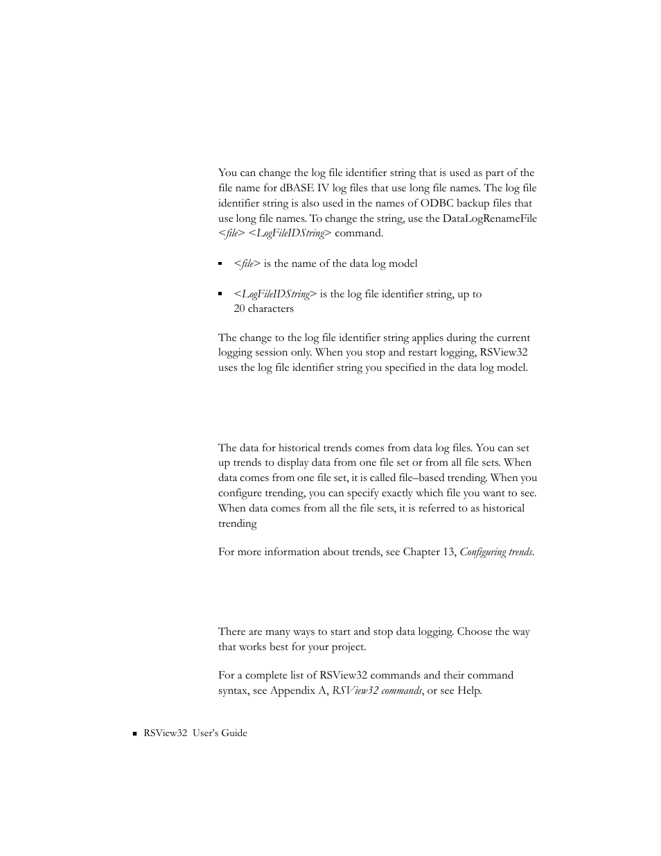 Changing the log file identifier string, Displaying data in a trend, Starting and stopping data logging | Changing the log file identifier string -44 | Rockwell Automation 9301 Series RSView32 Users Guide User Manual | Page 244 / 769