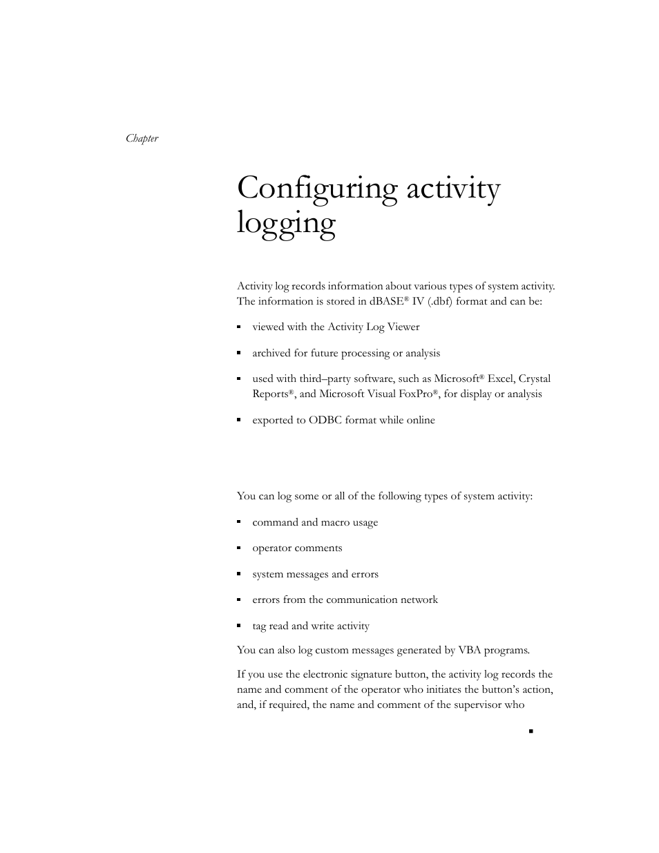 Configuring activity logging, Which activities can be logged, Chapter 8 | Rockwell Automation 9301 Series RSView32 Users Guide User Manual | Page 247 / 769