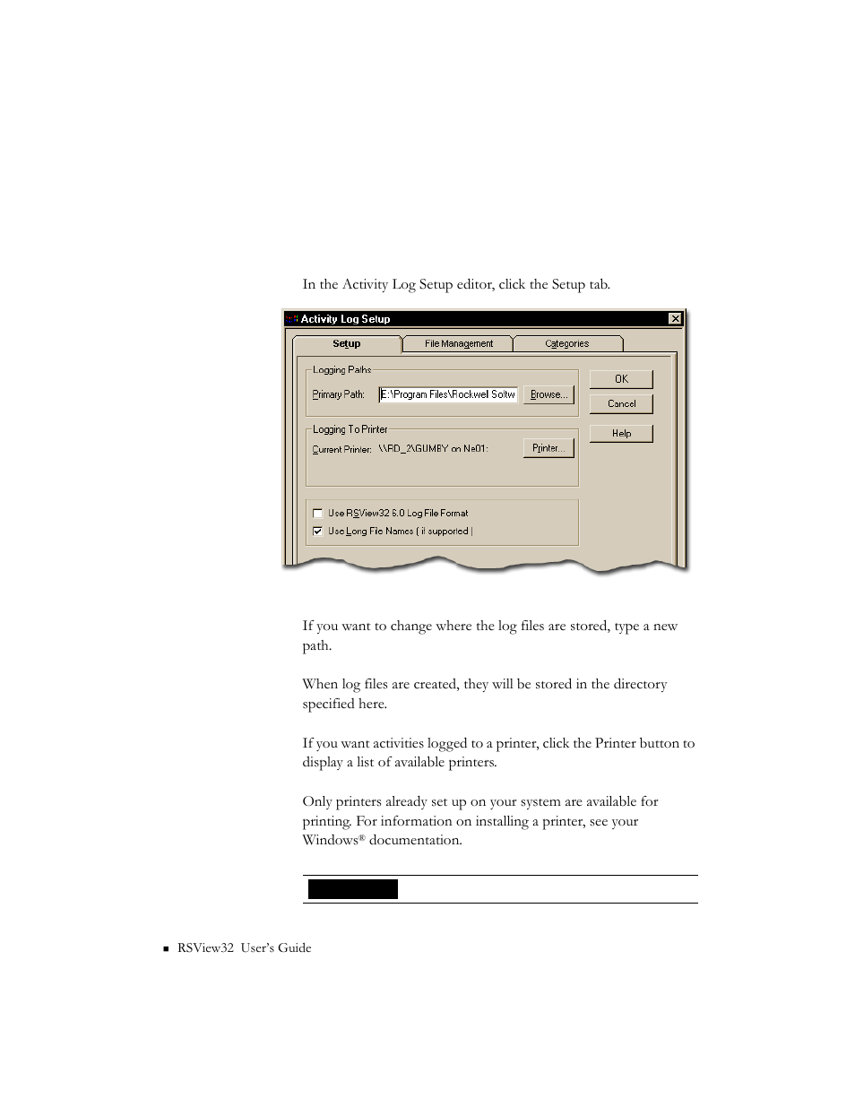 Specifying where to store activity log files | Rockwell Automation 9301 Series RSView32 Users Guide User Manual | Page 250 / 769