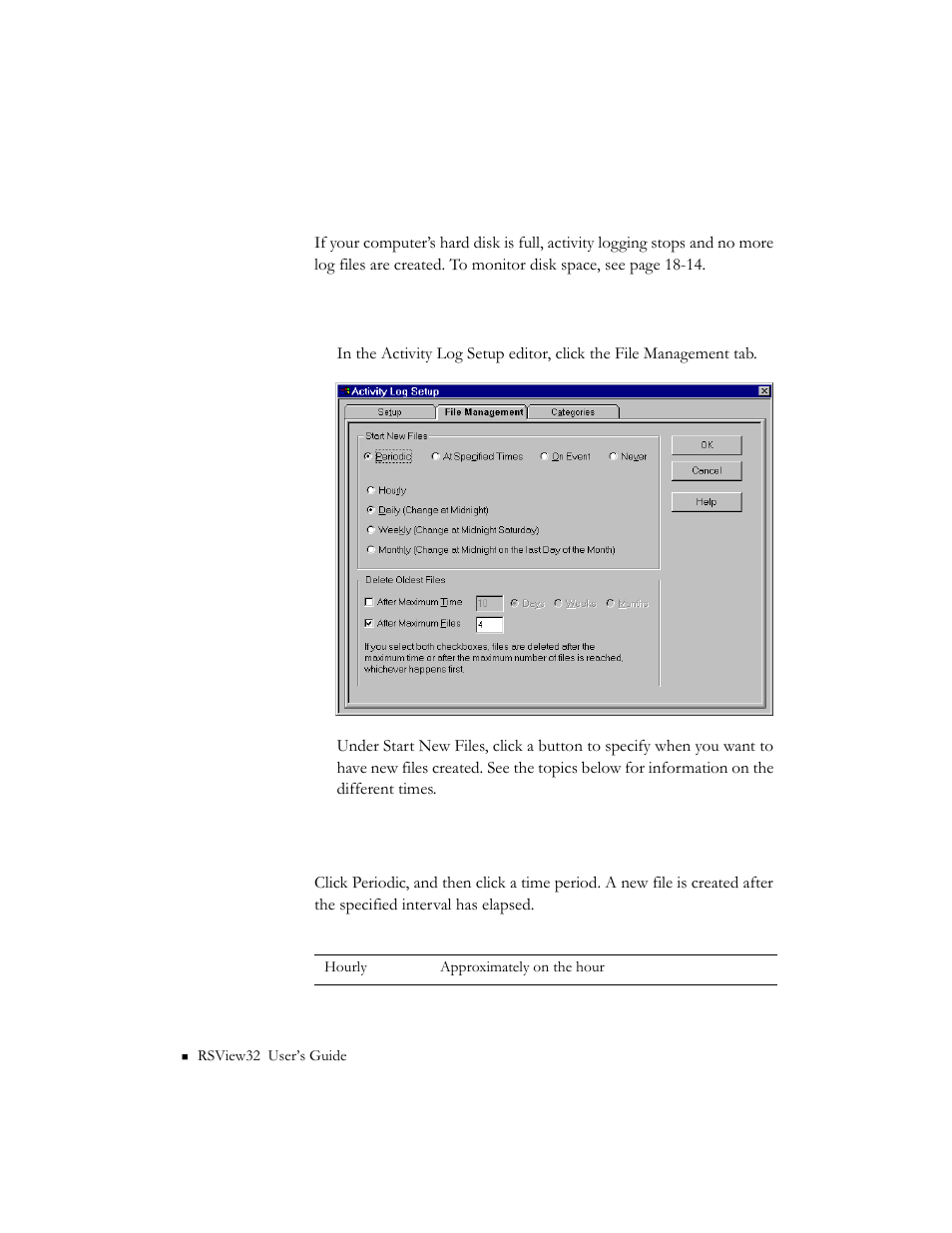 Monitoring disk space, Creating files periodically | Rockwell Automation 9301 Series RSView32 Users Guide User Manual | Page 252 / 769