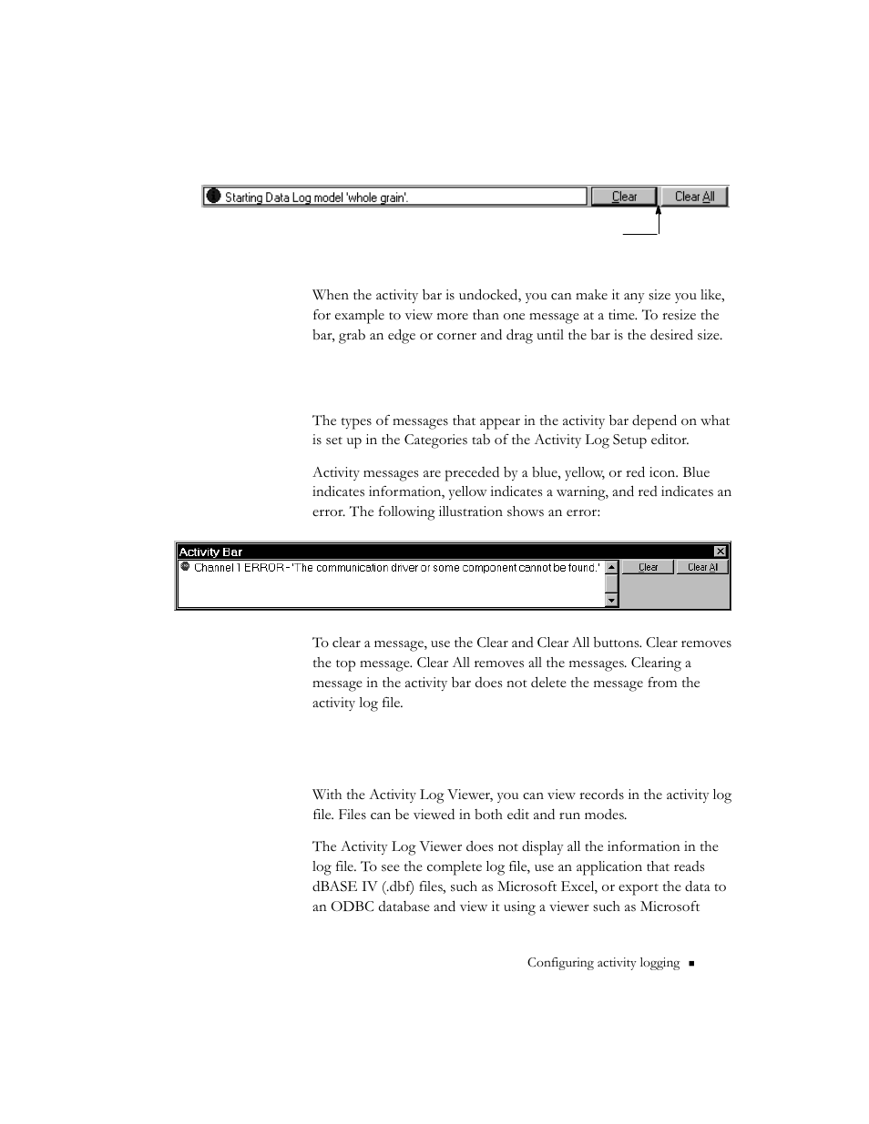 Messages in the activity bar, Using the activity log viewer, Messages in the activity bar -17 | Rockwell Automation 9301 Series RSView32 Users Guide User Manual | Page 263 / 769