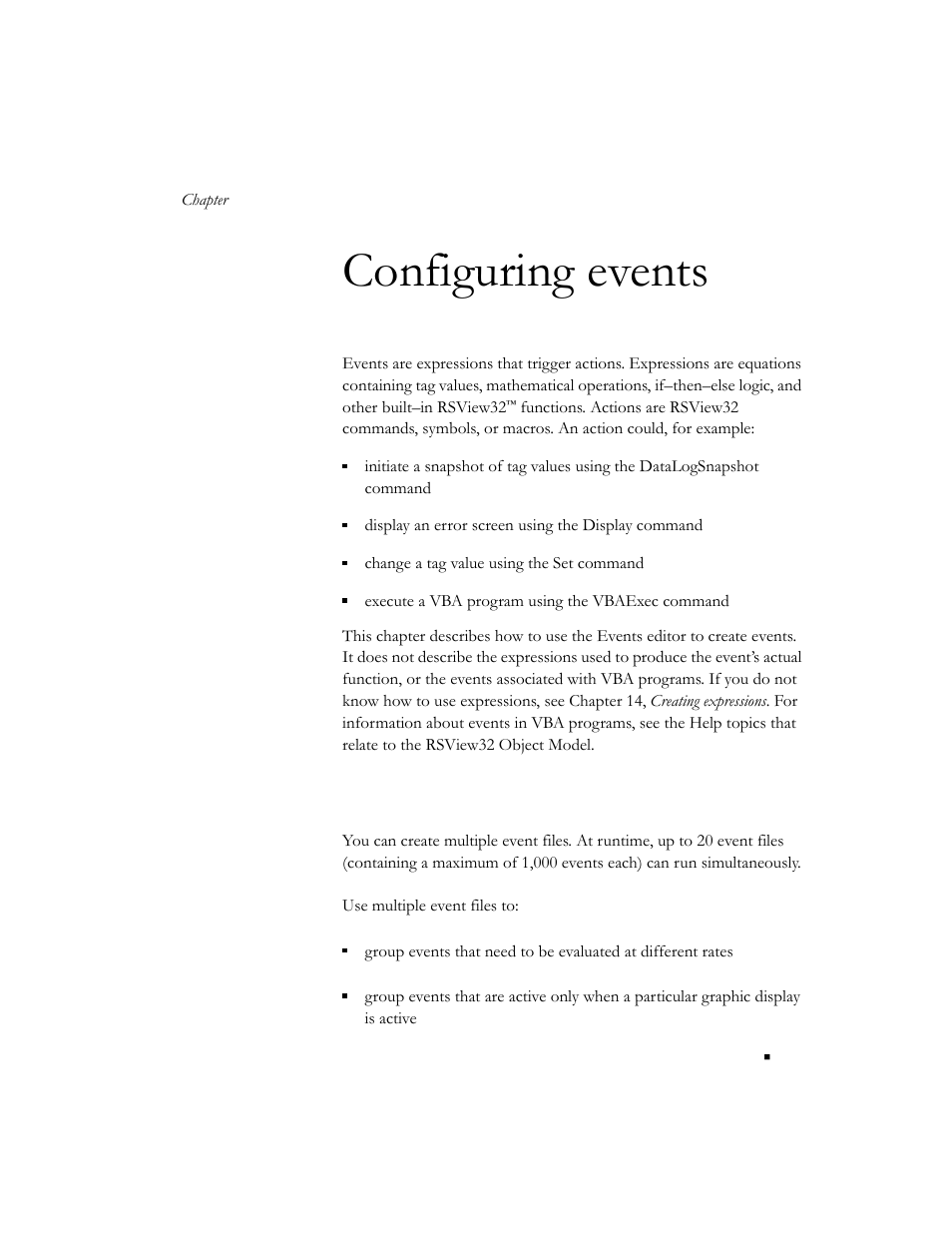 Configuring events, How to use multiple event files, Chapter 9 | Rockwell Automation 9301 Series RSView32 Users Guide User Manual | Page 268 / 769