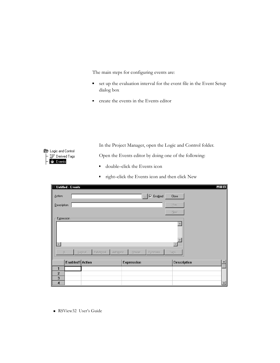 Summary of steps, The events editor | Rockwell Automation 9301 Series RSView32 Users Guide User Manual | Page 269 / 769