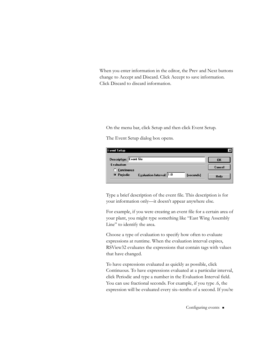 Using the accept and discard buttons, Setting up the evaluation interval, Using the accept and discard buttons -3 | Rockwell Automation 9301 Series RSView32 Users Guide User Manual | Page 270 / 769