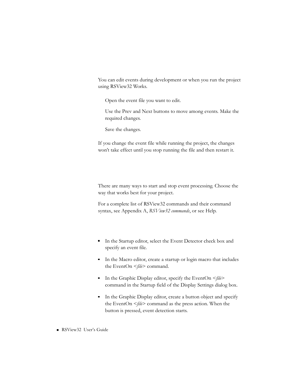 Editing events, Starting and stopping event processing, Ways to start event processing | Ways to start event processing -6 | Rockwell Automation 9301 Series RSView32 Users Guide User Manual | Page 273 / 769