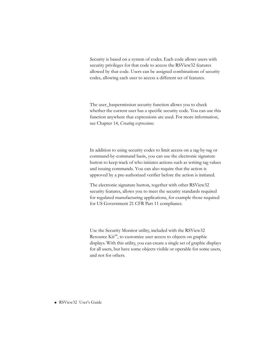 Security function, Electronic signatures, Security monitor utility | Rockwell Automation 9301 Series RSView32 Users Guide User Manual | Page 276 / 769