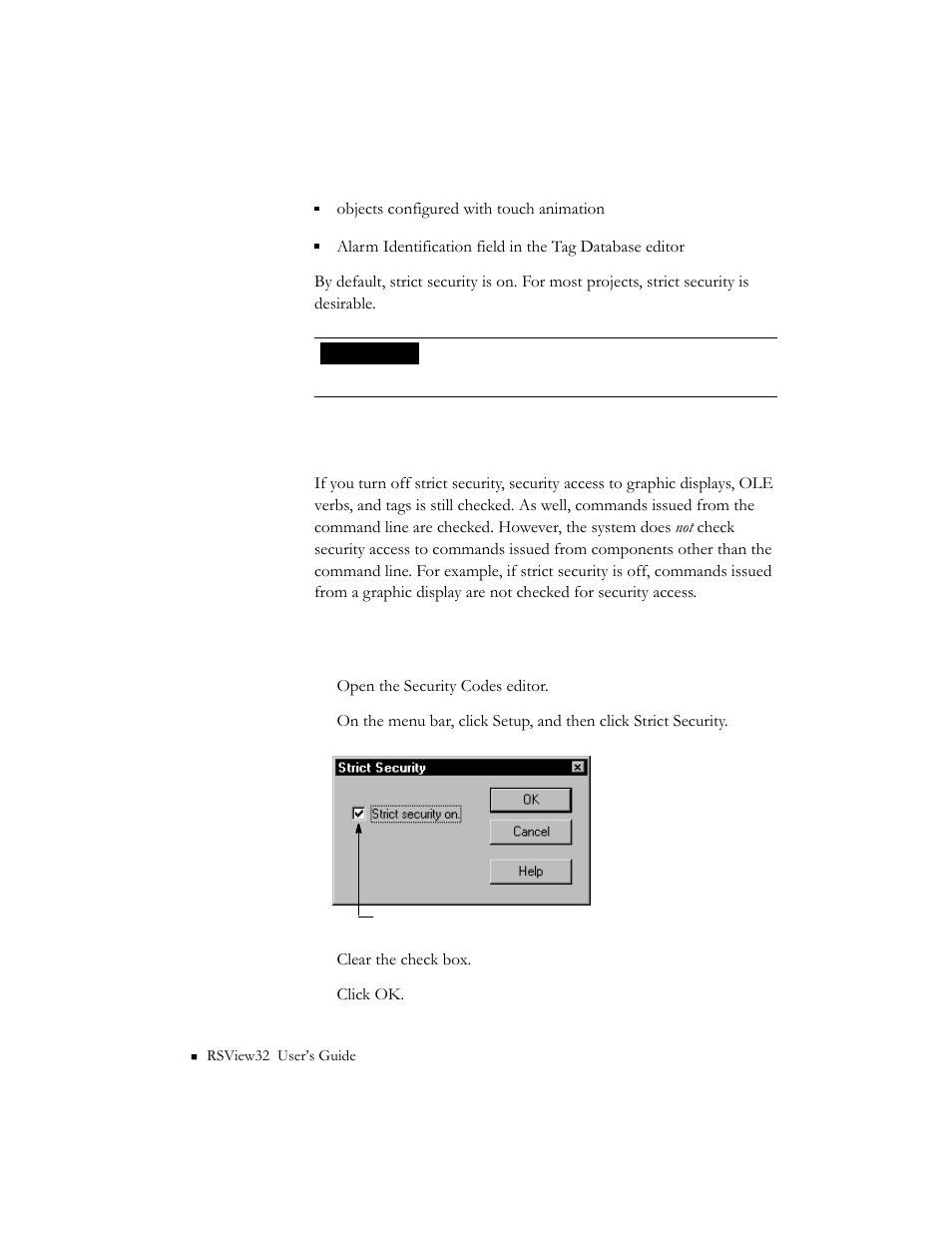 Turning off strict security, Turning off strict security -8 | Rockwell Automation 9301 Series RSView32 Users Guide User Manual | Page 282 / 769