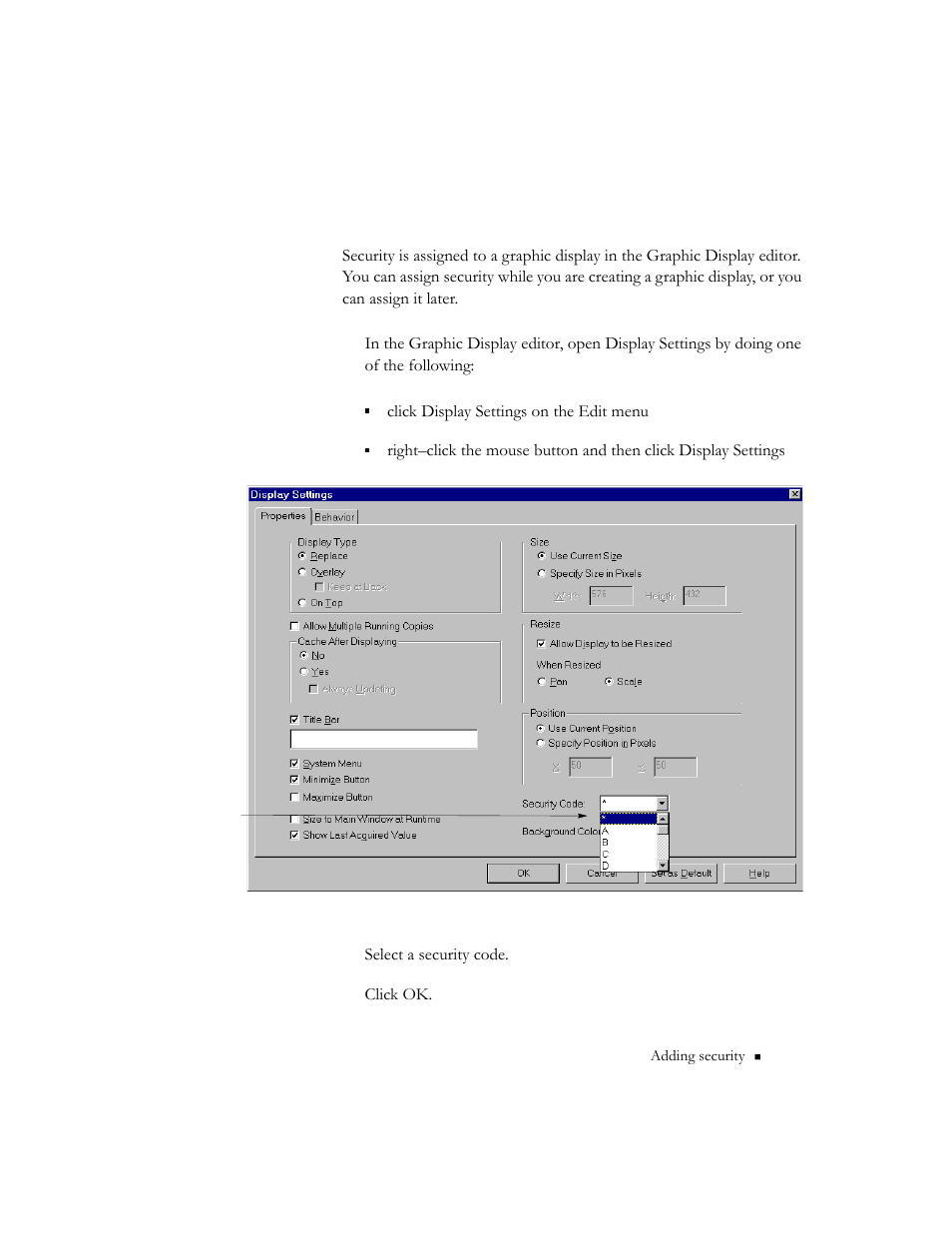 Assigning security to a graphic display | Rockwell Automation 9301 Series RSView32 Users Guide User Manual | Page 283 / 769