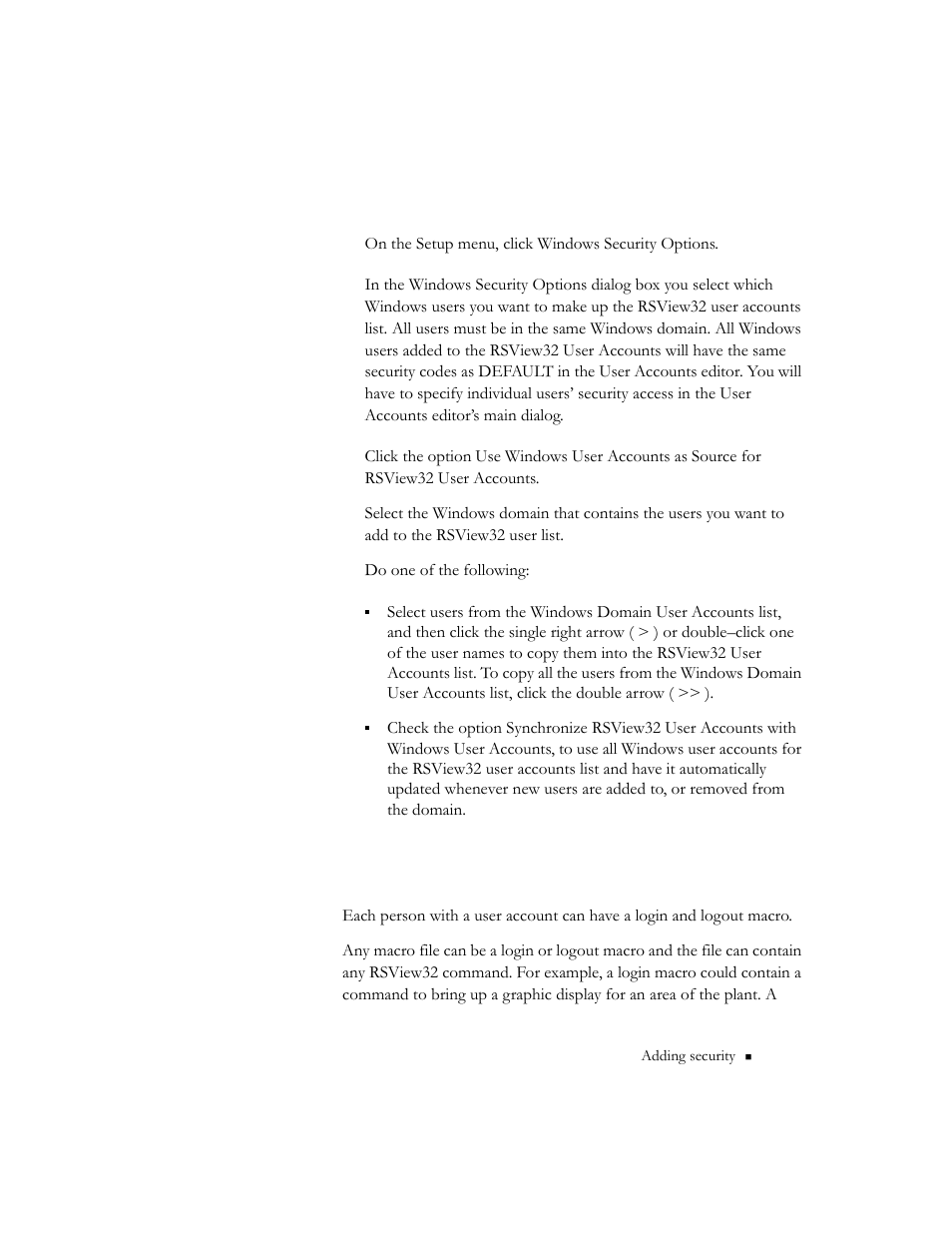 To create users from the windows domain user list, Login and logout macros | Rockwell Automation 9301 Series RSView32 Users Guide User Manual | Page 289 / 769