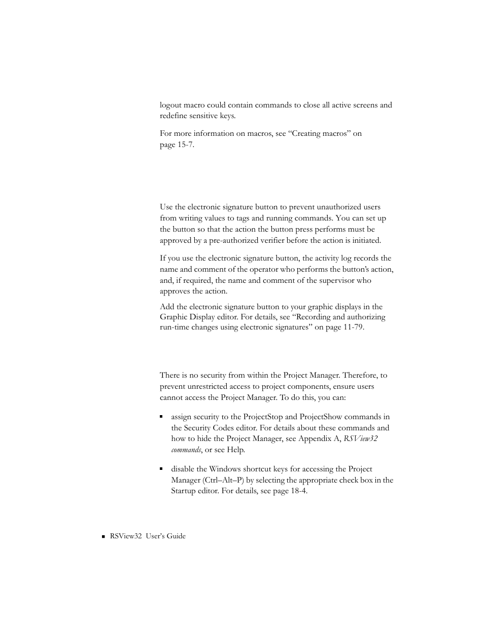 Securing the project manager, Actions | Rockwell Automation 9301 Series RSView32 Users Guide User Manual | Page 290 / 769