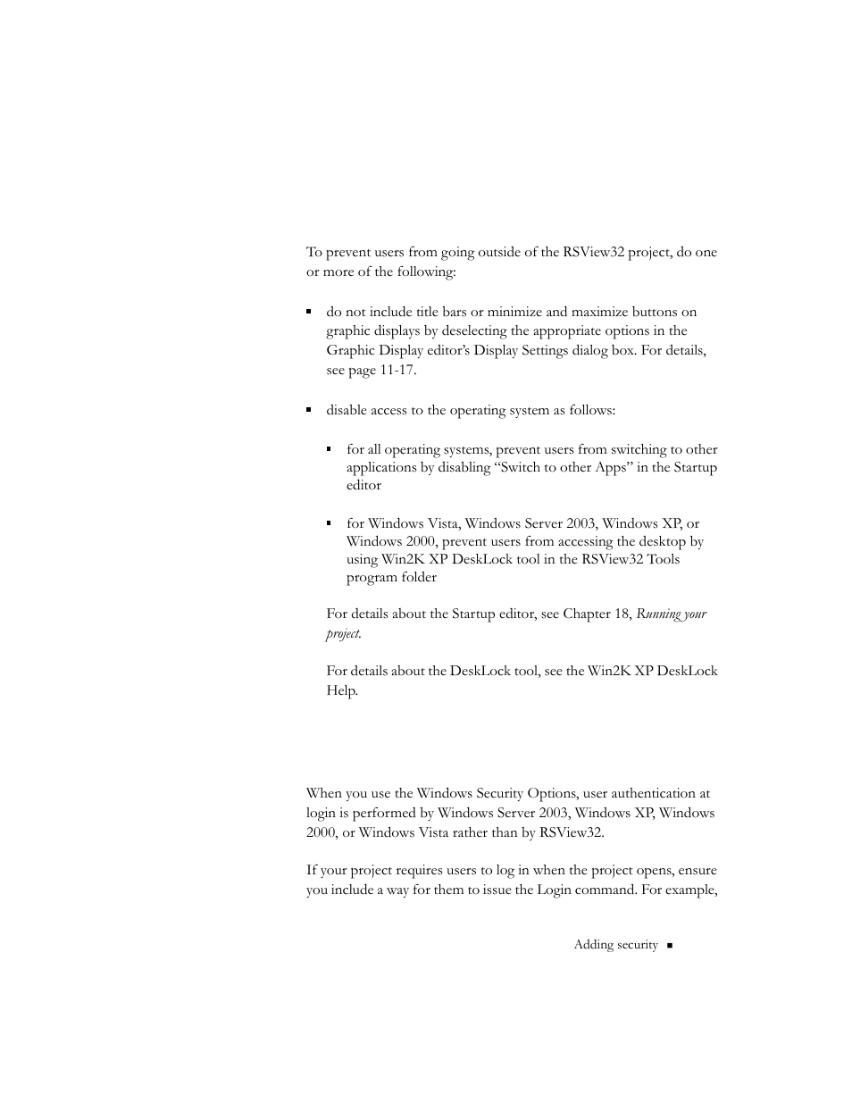 Logging in at runtime, Preventing users from going out of the, Rsview32 project | Rockwell Automation 9301 Series RSView32 Users Guide User Manual | Page 291 / 769