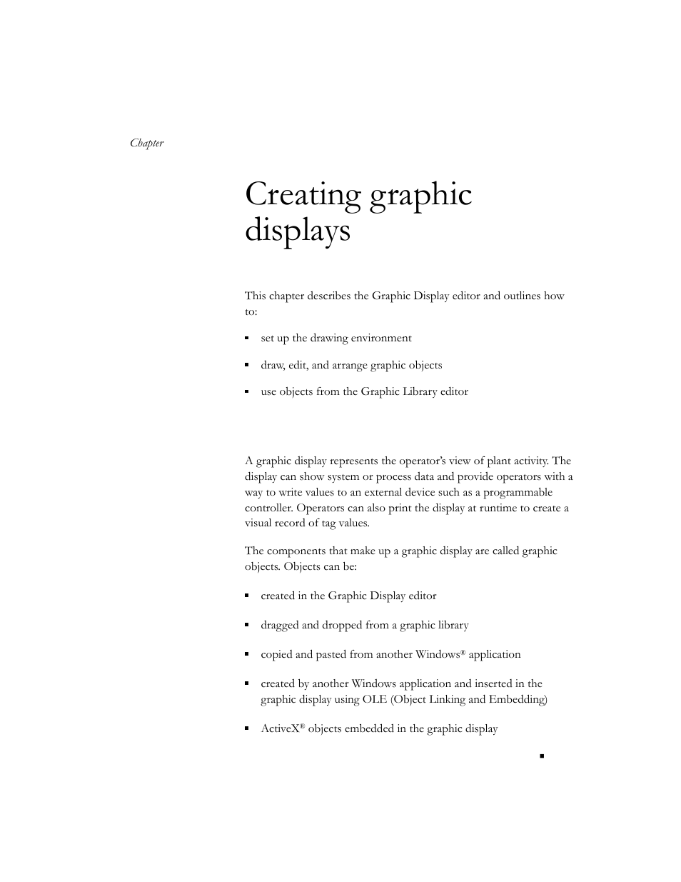 Creating graphic displays, About graphic displays and graphic objects, Chapter 11 | Rockwell Automation 9301 Series RSView32 Users Guide User Manual | Page 294 / 769