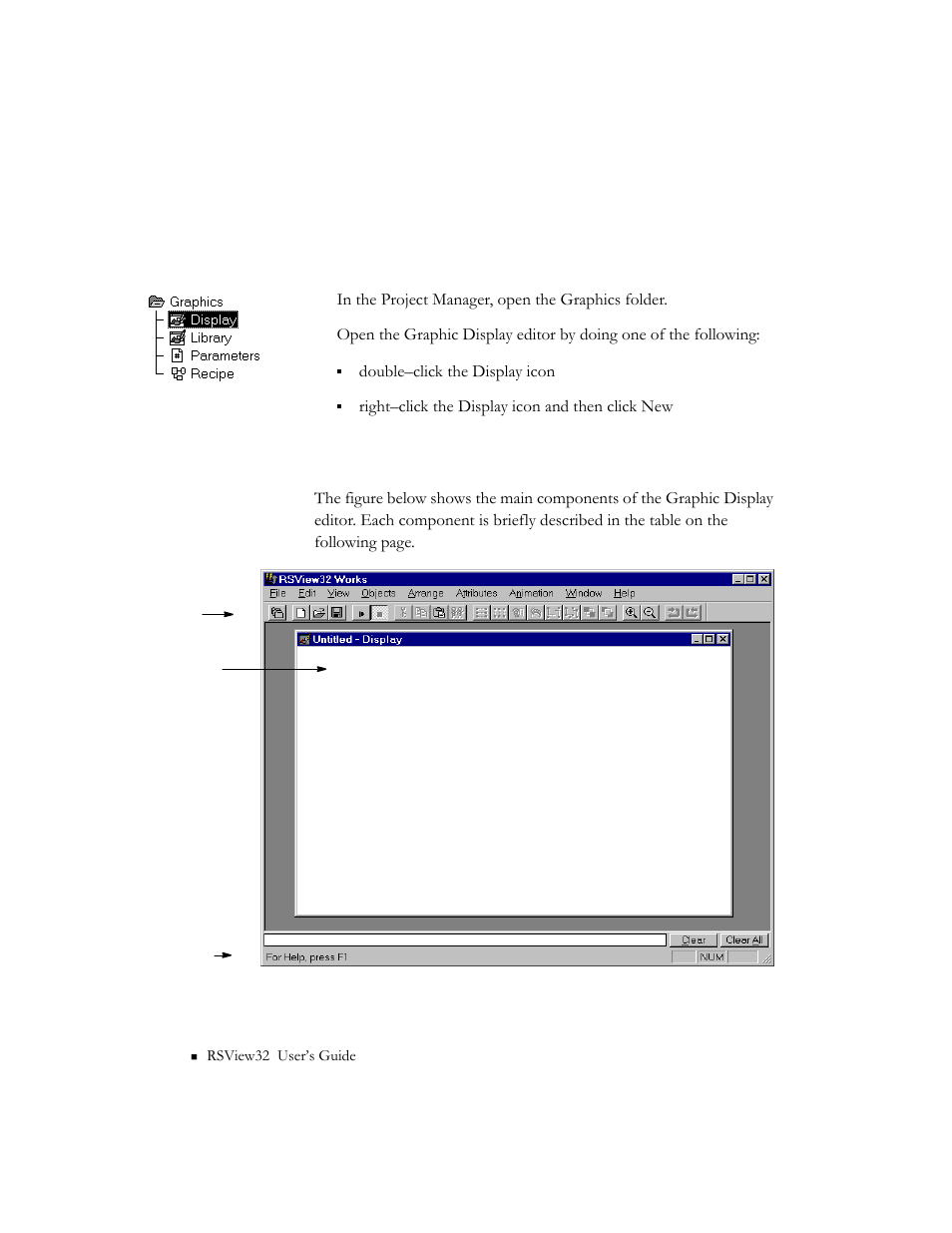 The graphic display editor, The editor’s main components, The editor’s main components -2 | Rockwell Automation 9301 Series RSView32 Users Guide User Manual | Page 295 / 769