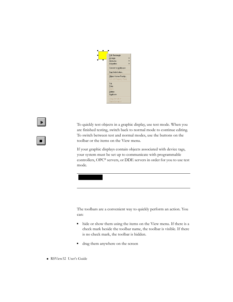 Switching between normal and test modes, Using the toolbars | Rockwell Automation 9301 Series RSView32 Users Guide User Manual | Page 297 / 769