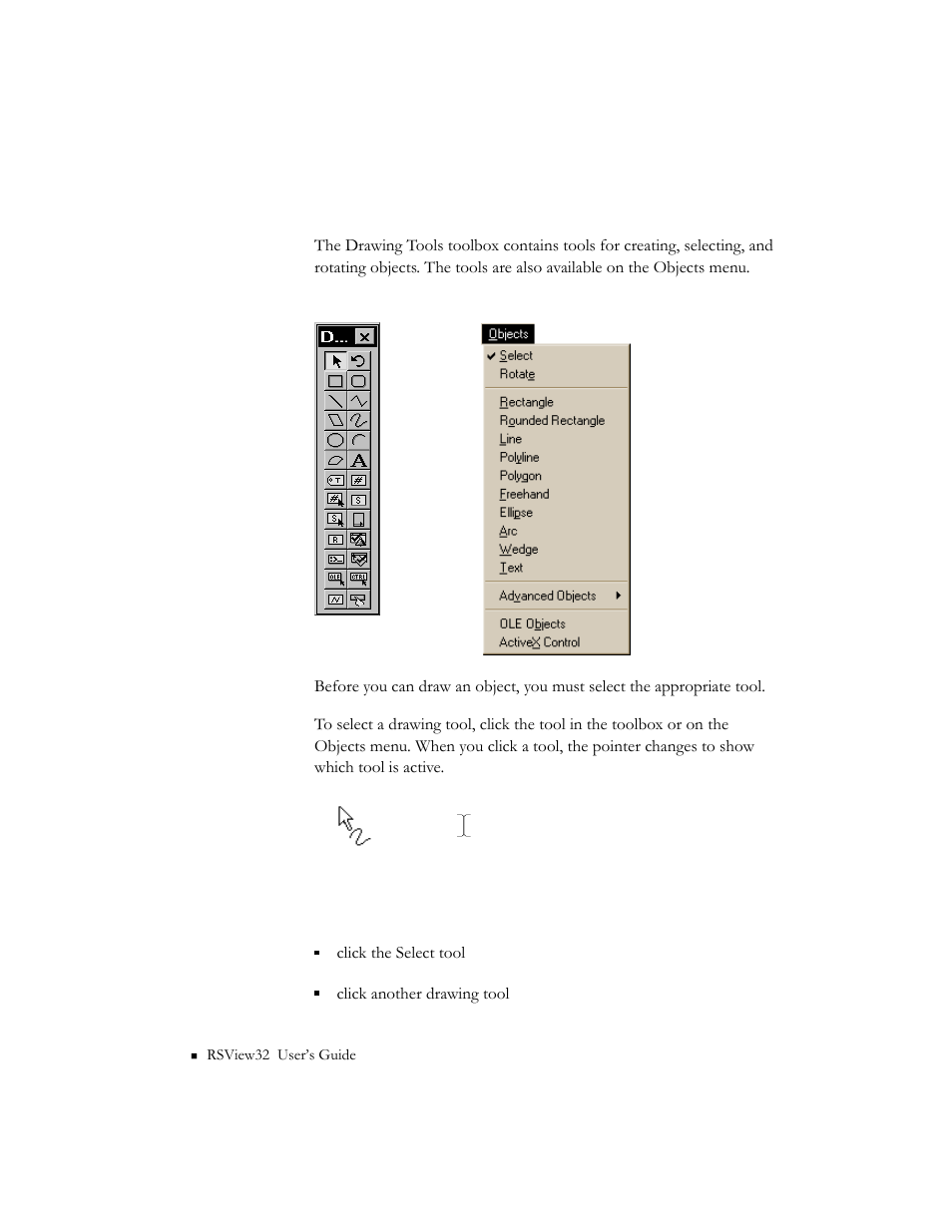 Selecting a drawing tool, Selecting a drawing tool -6 | Rockwell Automation 9301 Series RSView32 Users Guide User Manual | Page 299 / 769