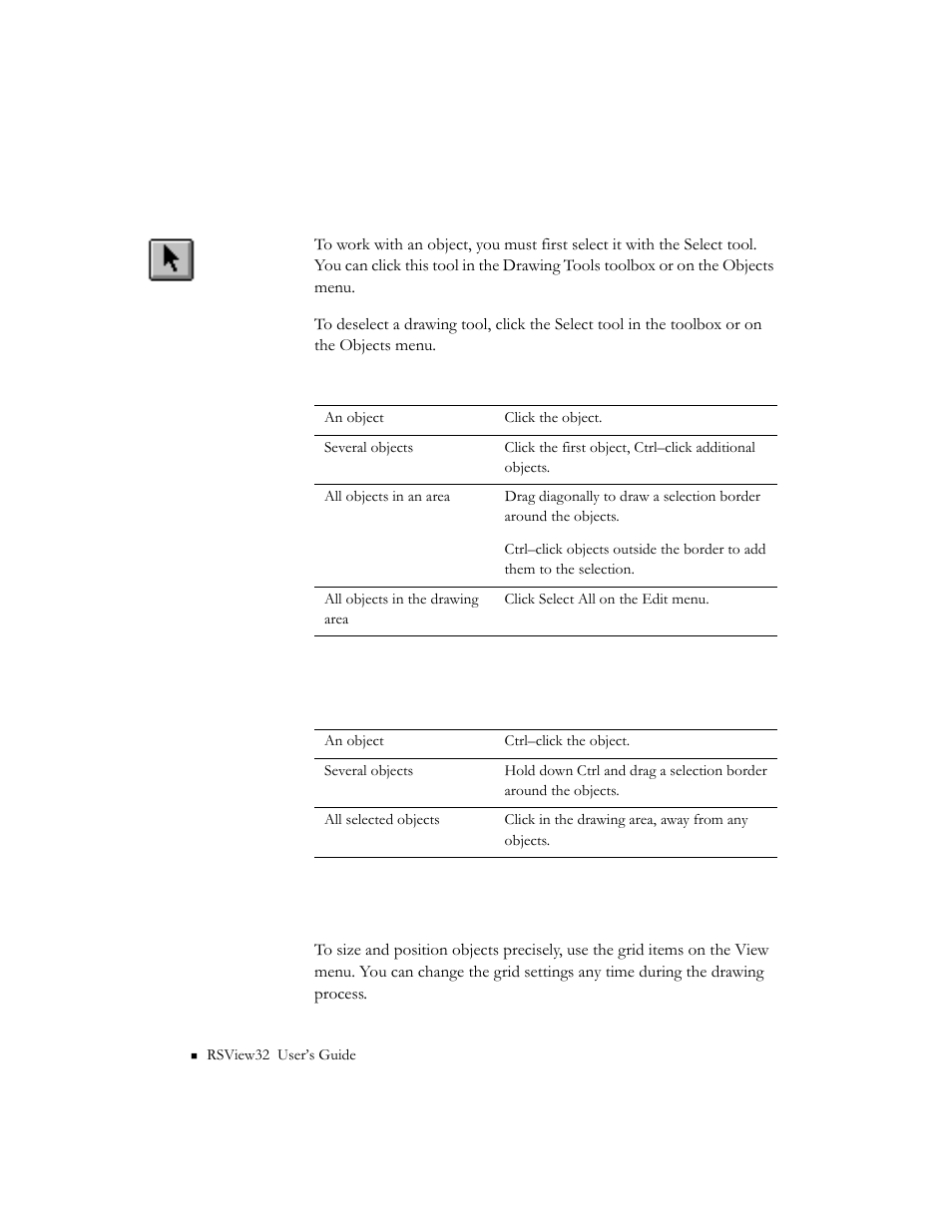 Selecting and deselecting objects, Using the grid | Rockwell Automation 9301 Series RSView32 Users Guide User Manual | Page 301 / 769