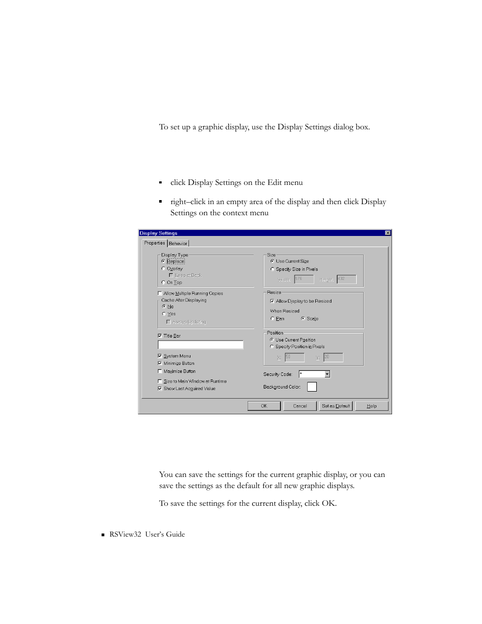 Setting up the display, Saving the display settings, Saving the display settings -12 | Rockwell Automation 9301 Series RSView32 Users Guide User Manual | Page 305 / 769