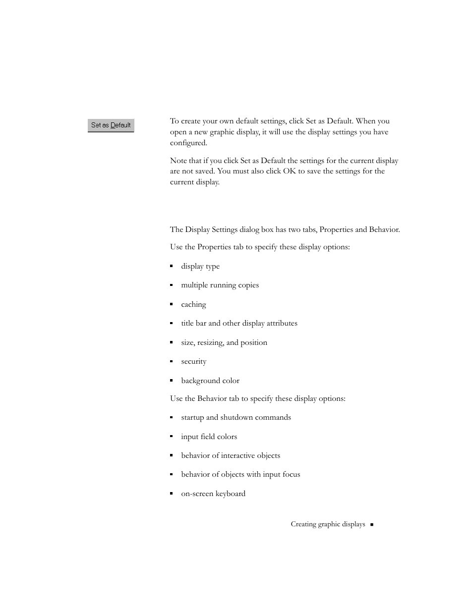 Creating a default, Using the display settings dialog box | Rockwell Automation 9301 Series RSView32 Users Guide User Manual | Page 306 / 769