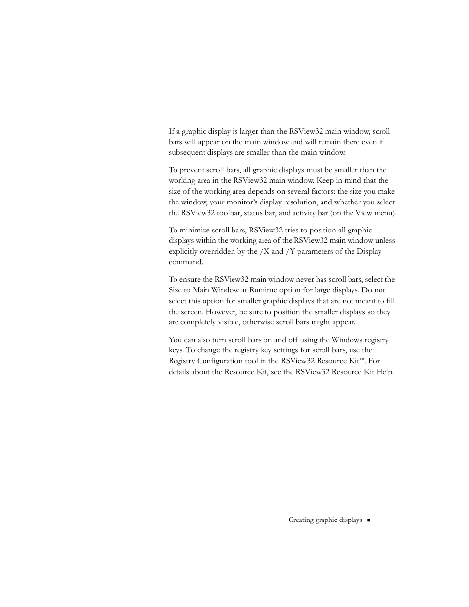 Preventing scroll bars on the rsview32 main window | Rockwell Automation 9301 Series RSView32 Users Guide User Manual | Page 312 / 769