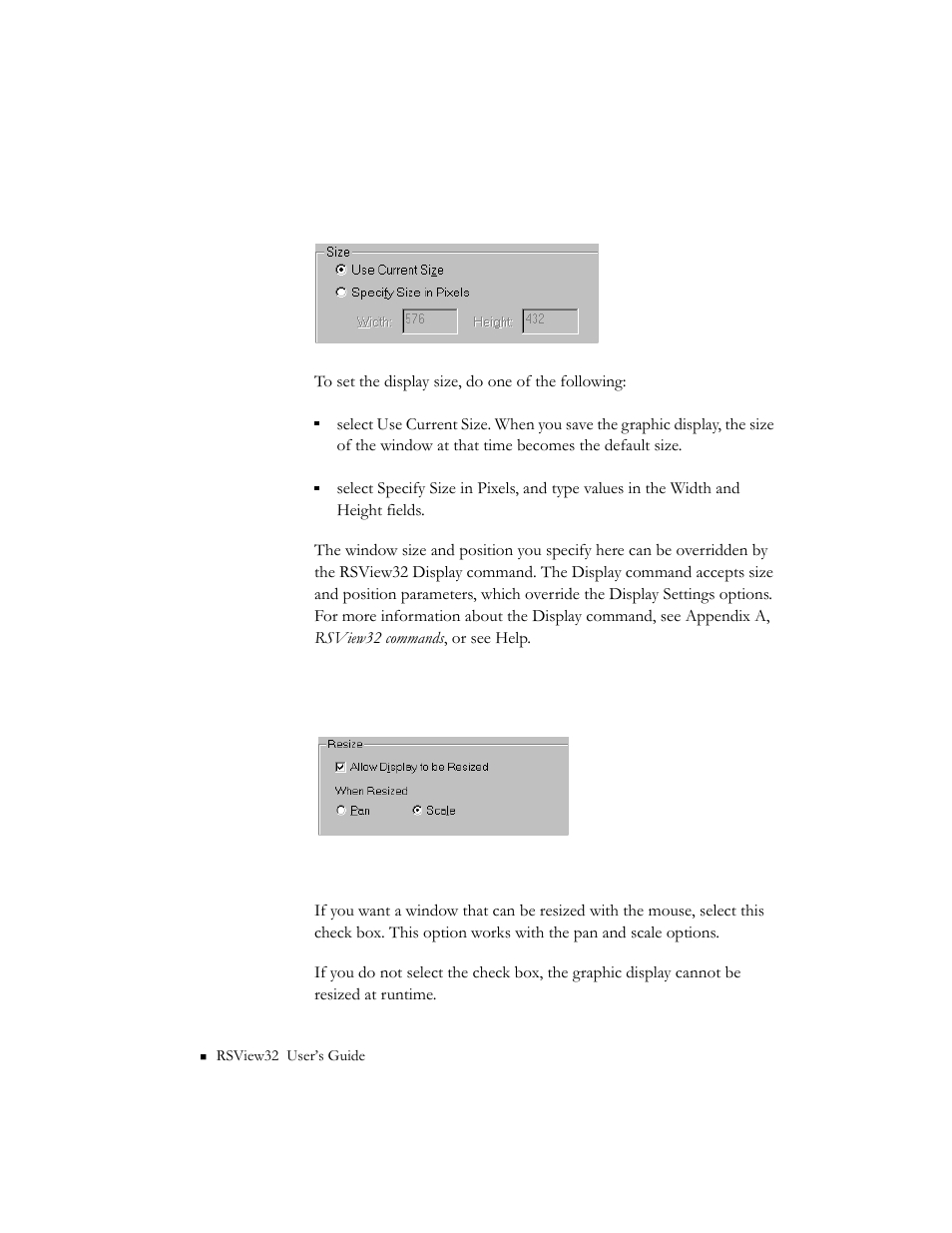 Specifying display size, Specifying resize behavior | Rockwell Automation 9301 Series RSView32 Users Guide User Manual | Page 313 / 769