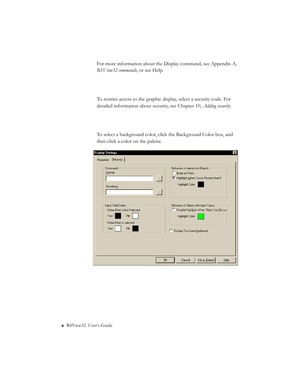 Specifying a security code, Specifying background color | Rockwell Automation 9301 Series RSView32 Users Guide User Manual | Page 315 / 769