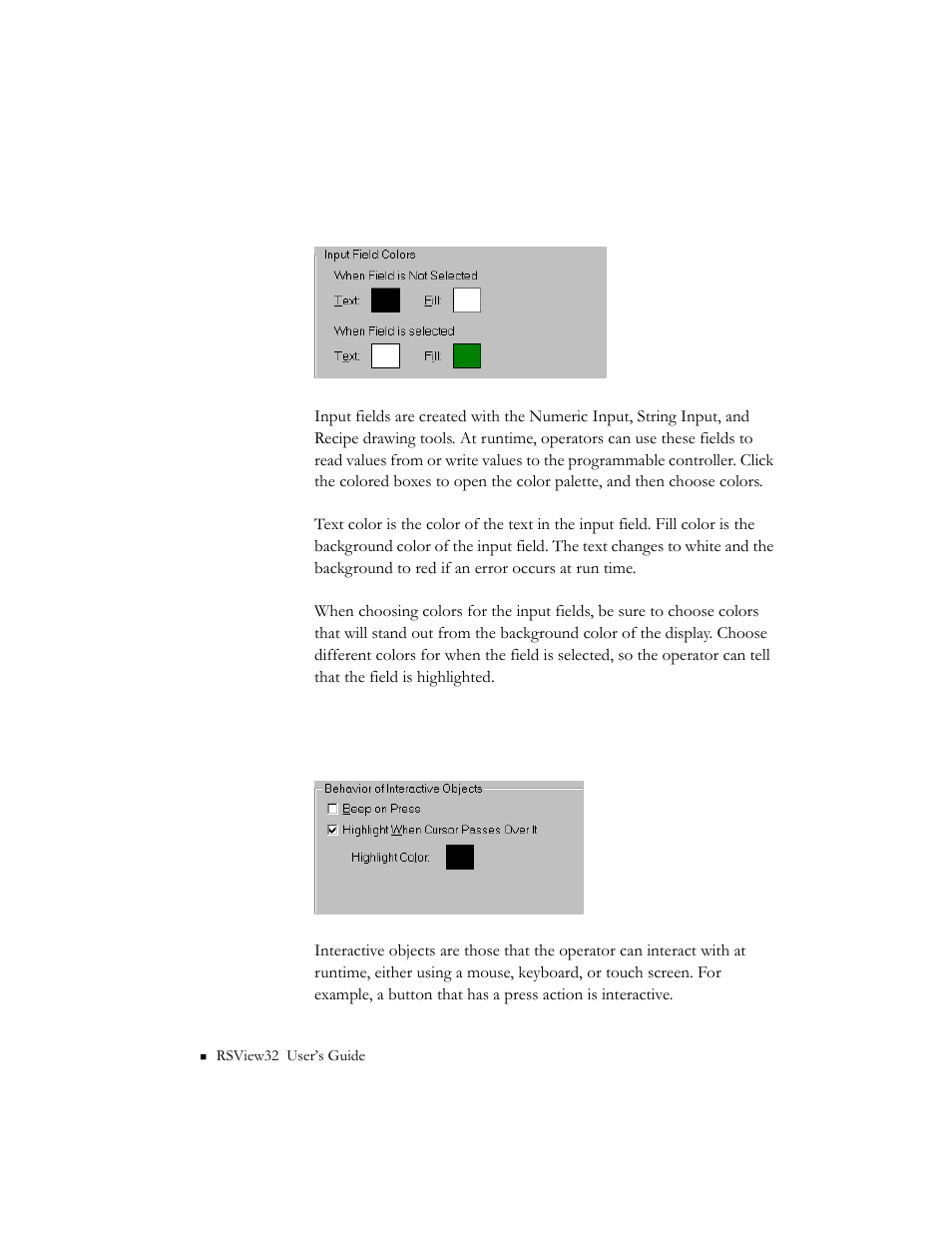 Specifying colors for input fields, Specifying the behavior of interactive objects | Rockwell Automation 9301 Series RSView32 Users Guide User Manual | Page 317 / 769