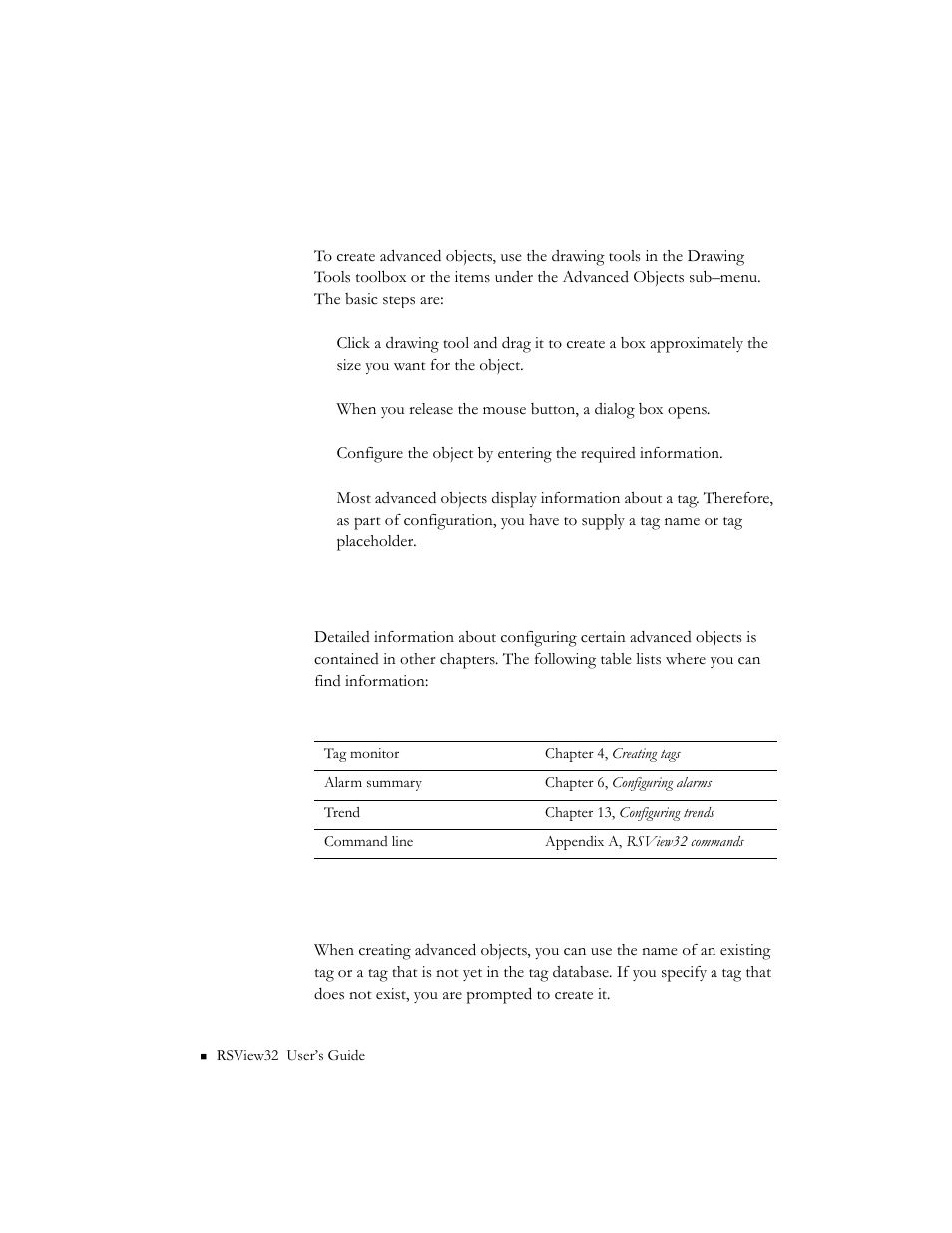 Creating advanced objects, Objects described in other chapters, Using tag names | Rockwell Automation 9301 Series RSView32 Users Guide User Manual | Page 329 / 769