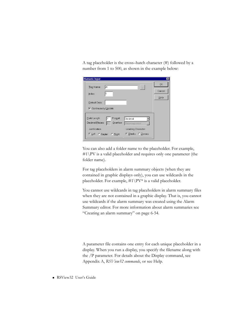 Creating a tag placeholder, Using a parameter file to replace tag placeholders | Rockwell Automation 9301 Series RSView32 Users Guide User Manual | Page 331 / 769