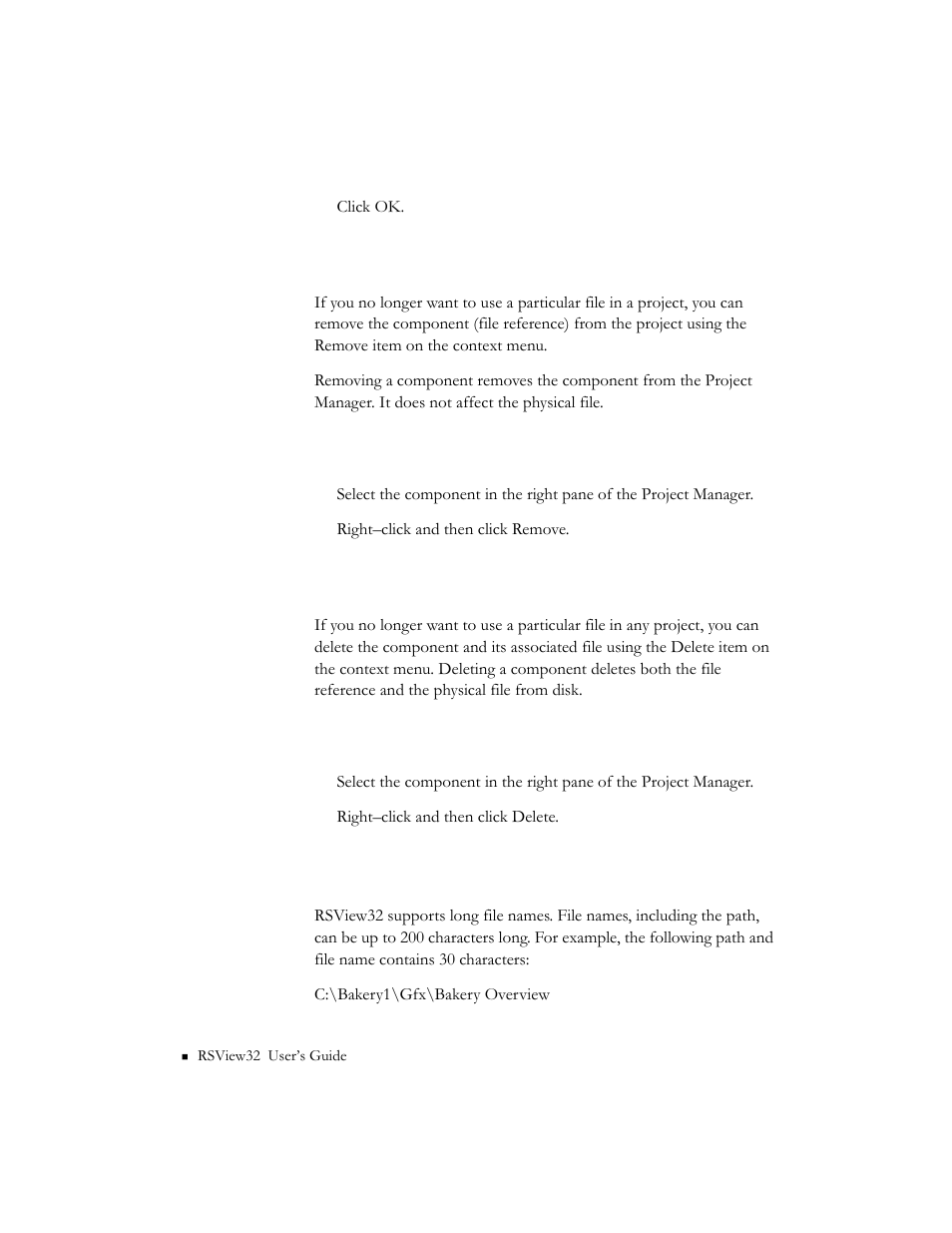 Removing a component, Deleting a component and file, Naming files | Rockwell Automation 9301 Series RSView32 Users Guide User Manual | Page 36 / 769