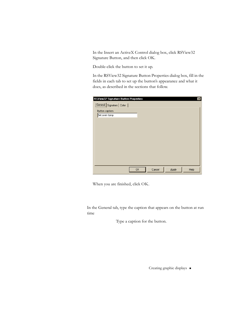 Specifying a caption for the signature button, Specifying a caption for the signature button -81 | Rockwell Automation 9301 Series RSView32 Users Guide User Manual | Page 374 / 769