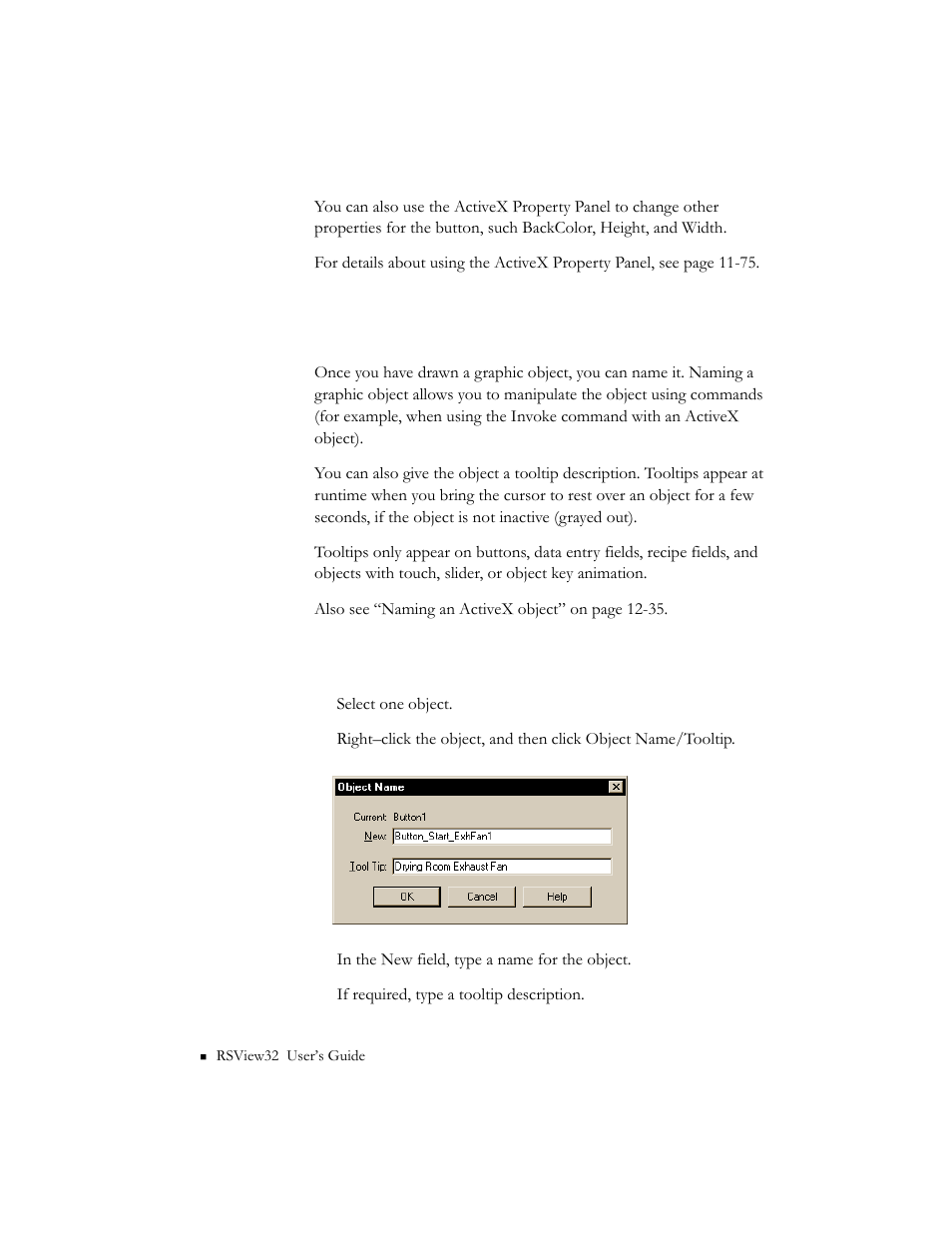 Naming graphic objects, To name an object and type a tooltip description | Rockwell Automation 9301 Series RSView32 Users Guide User Manual | Page 379 / 769