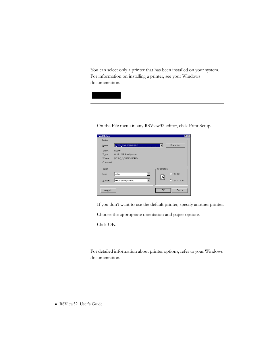 Selecting a printer, Selecting printer setup options | Rockwell Automation 9301 Series RSView32 Users Guide User Manual | Page 38 / 769