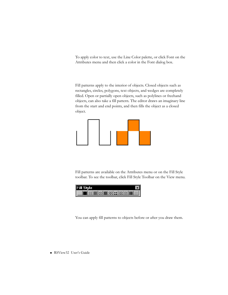 Applying colors to text, Applying fill patterns, Selecting fill patterns | Rockwell Automation 9301 Series RSView32 Users Guide User Manual | Page 395 / 769