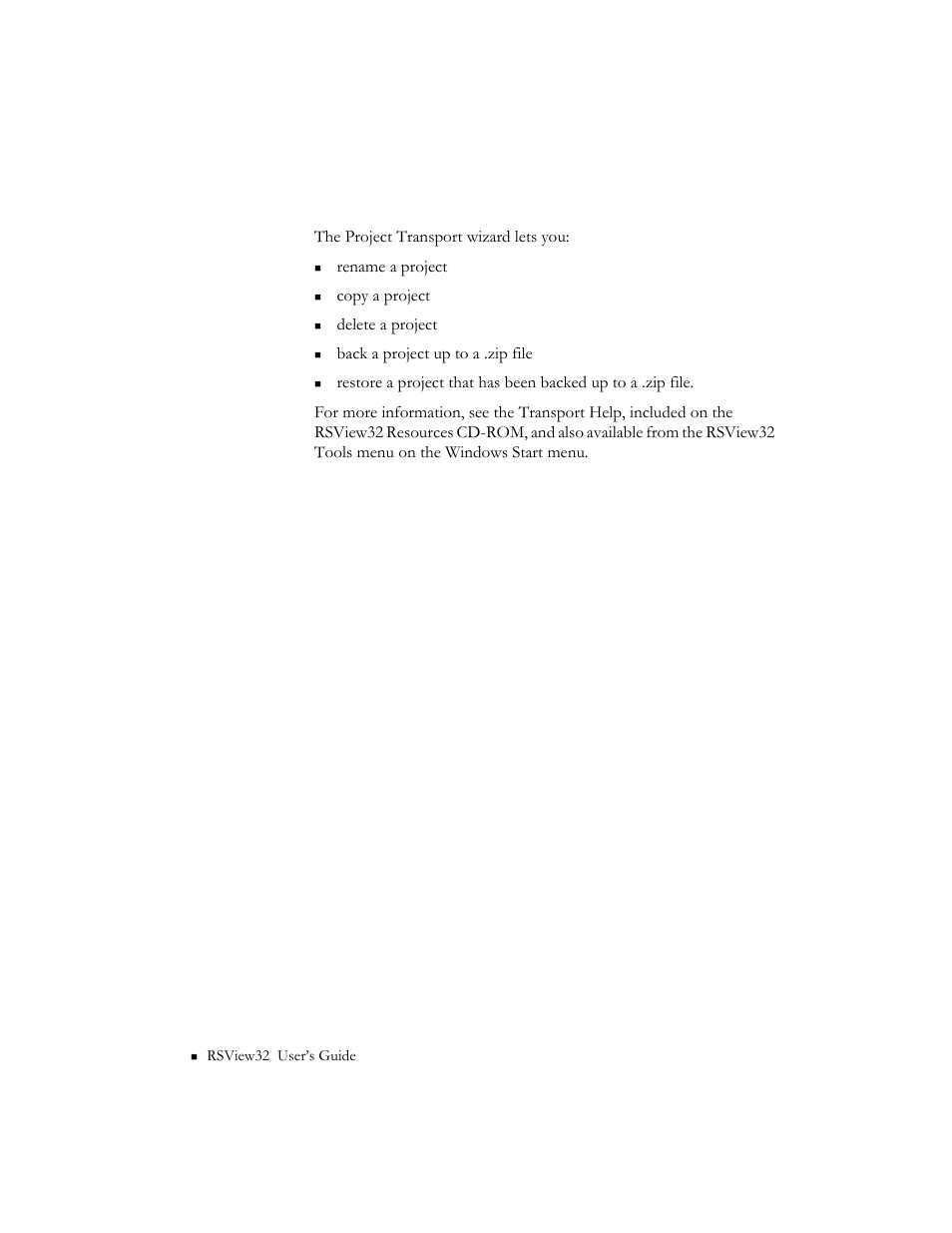 Using the project transport wizard | Rockwell Automation 9301 Series RSView32 Users Guide User Manual | Page 40 / 769