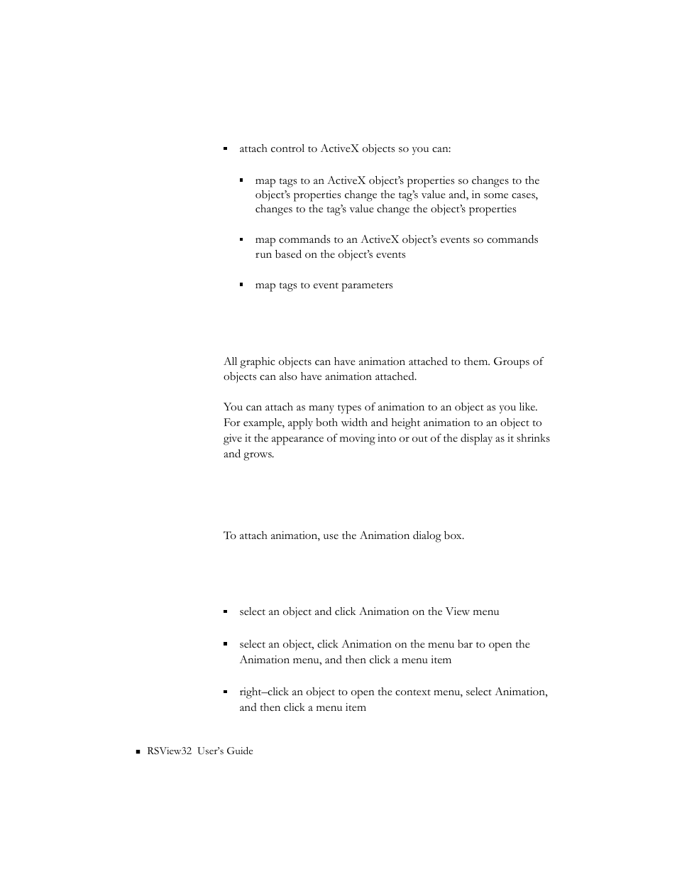 Which objects can have animation, Using the animation dialog box, Which objects can have animation? -2 | Rockwell Automation 9301 Series RSView32 Users Guide User Manual | Page 409 / 769