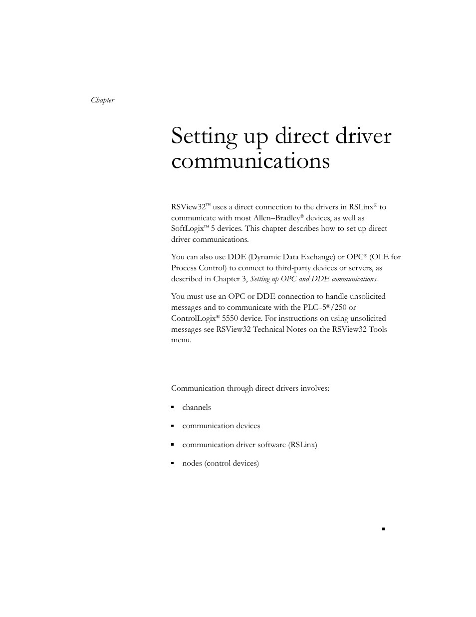 Setting up direct driver communications, Overview of direct driver communications, Chapter 2 | Rockwell Automation 9301 Series RSView32 Users Guide User Manual | Page 41 / 769