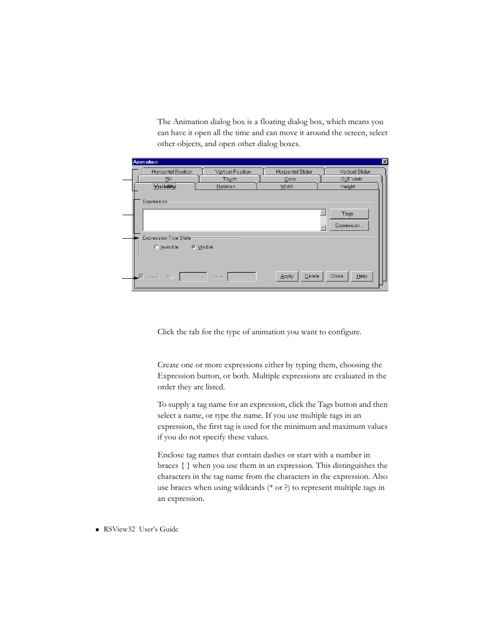 About the animation dialog box, About the animation dialog box -4 | Rockwell Automation 9301 Series RSView32 Users Guide User Manual | Page 411 / 769