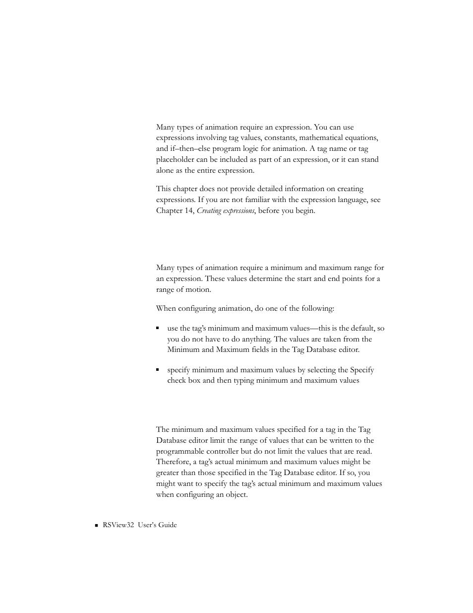 Using expressions, Setting minimum and maximum values, Why specify minimum and maximum values | Why specify minimum and maximum values? -8 | Rockwell Automation 9301 Series RSView32 Users Guide User Manual | Page 415 / 769